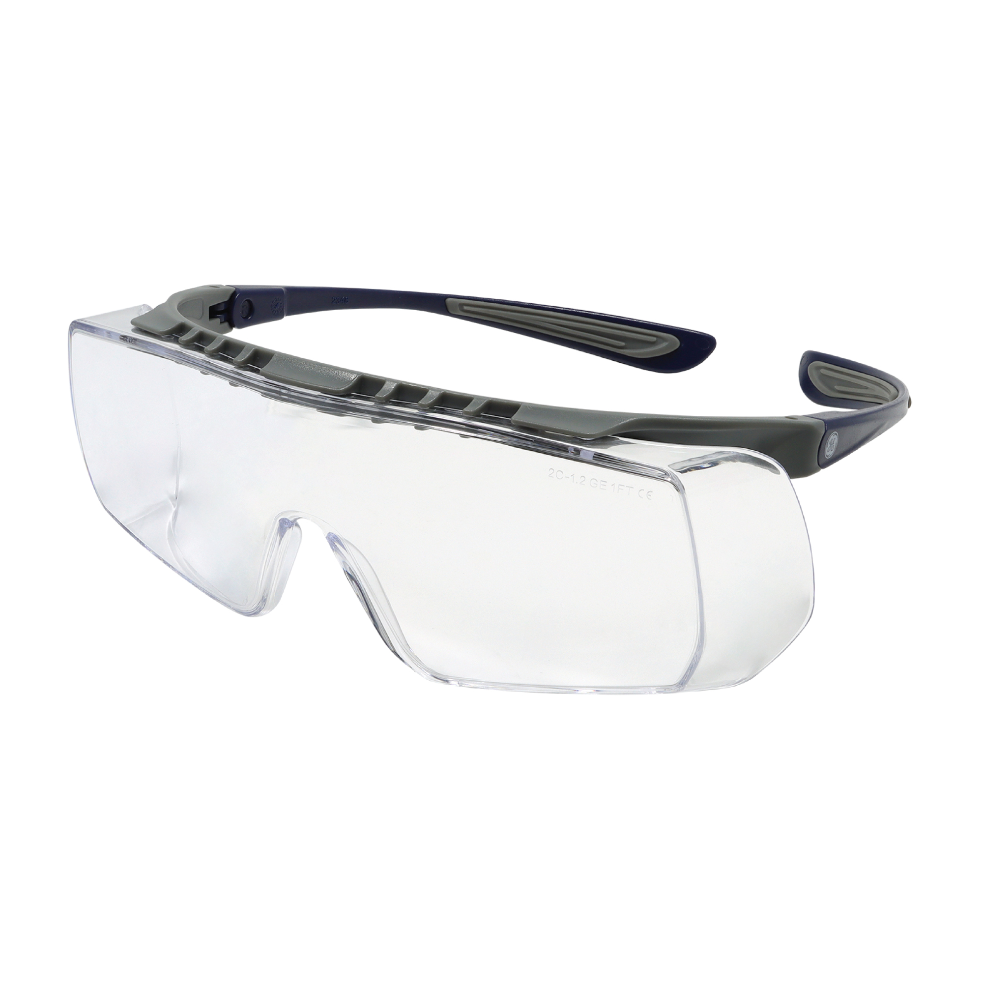General Electric, Safety Glasses, Clear Lens, Ajustable Temples, Frame Color Gray, Lens Color Clear, ANSI Z87 Compliant, Model# GE112C